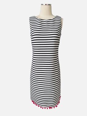 HEYTON Sleeveless Black and White Striped Midi Dress with Pink Pom Trim Sz 4